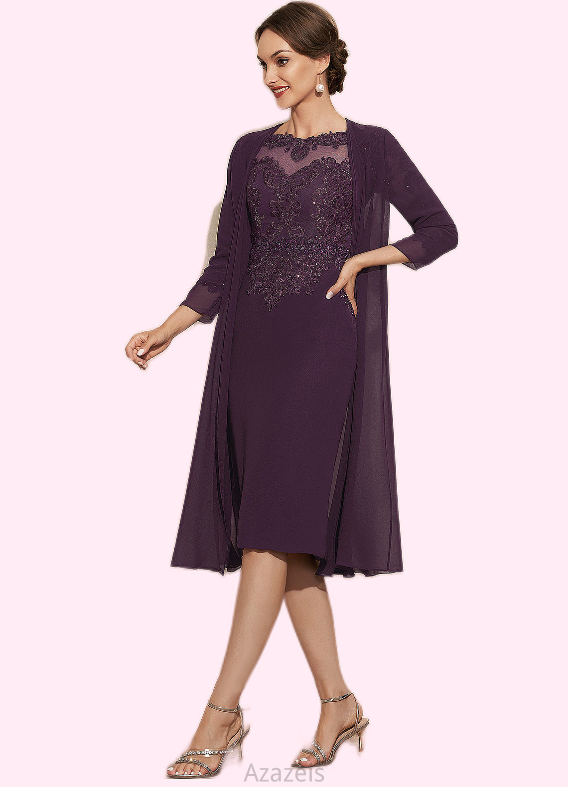 Nora Sheath/Column Scoop Neck Knee-Length Chiffon Lace Mother of the Bride Dress With Beading DF126P0014794