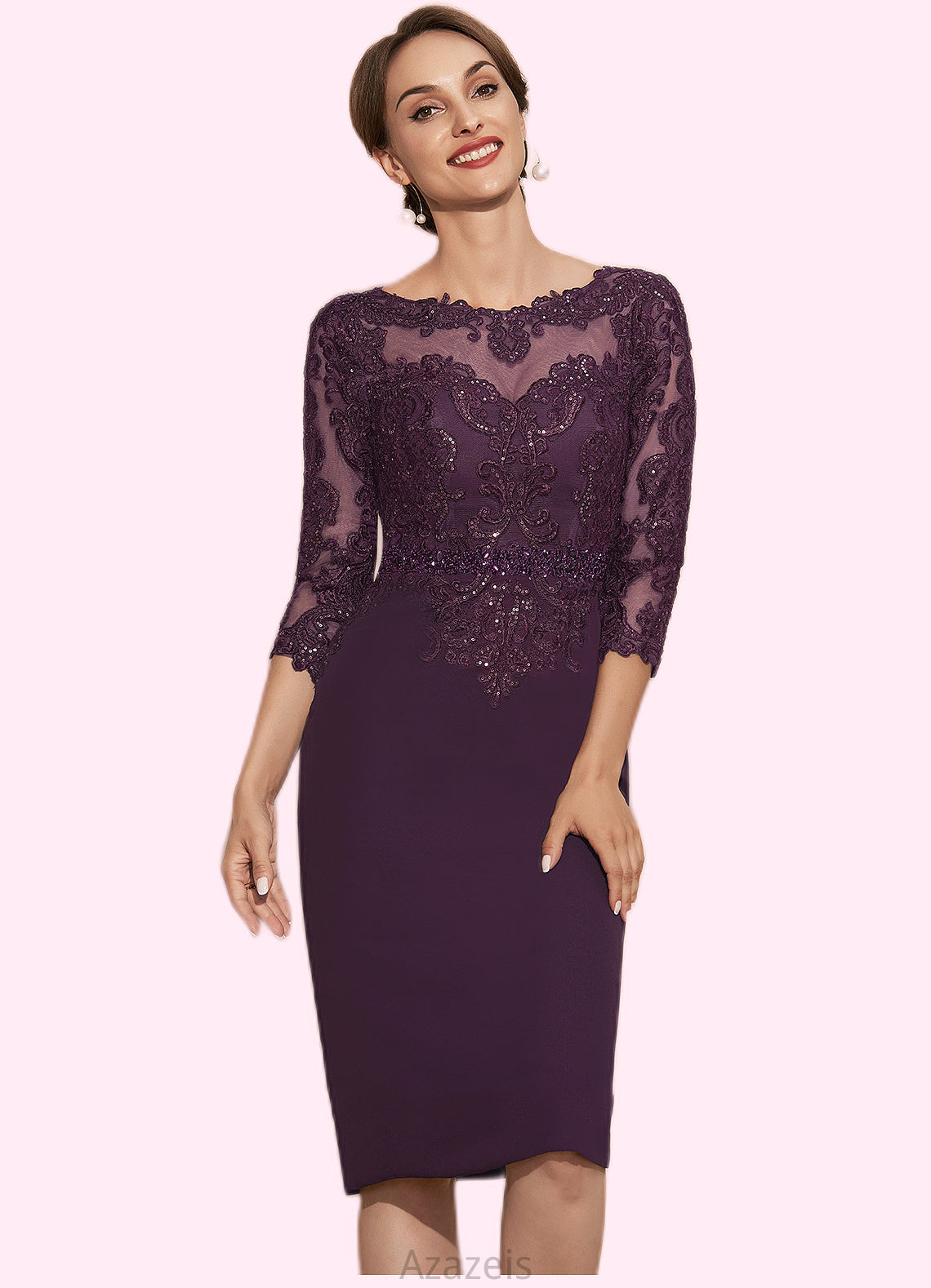 Nora Sheath/Column Scoop Neck Knee-Length Chiffon Lace Mother of the Bride Dress With Beading DF126P0014794