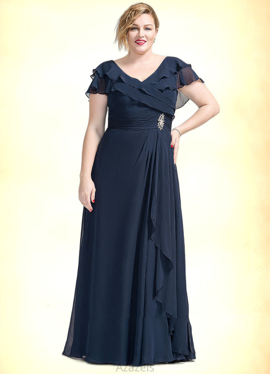 Kasey A-Line V-neck Floor-Length Chiffon Mother of the Bride Dress With Crystal Brooch Cascading Ruffles DF126P0014796