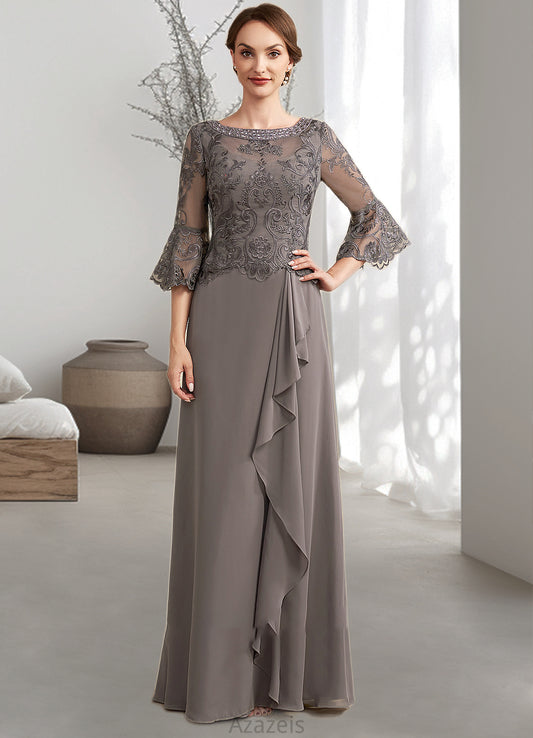 Sydney A-Line Scoop Neck Floor-Length Chiffon Lace Mother of the Bride Dress With Beading Cascading Ruffles DF126P0014797