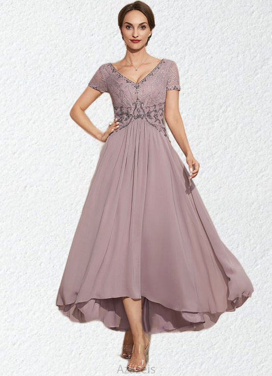 Violet A-Line V-neck Asymmetrical Chiffon Lace Mother of the Bride Dress With Beading DF126P0014799