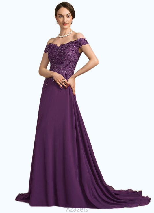 Riley A-Line Off-the-Shoulder Sweep Train Chiffon Lace Mother of the Bride Dress With Beading Sequins DF126P0014801