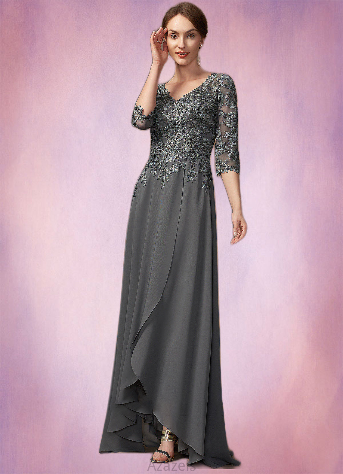 Salome A-Line V-neck Asymmetrical Chiffon Lace Mother of the Bride Dress With Sequins DF126P0014803