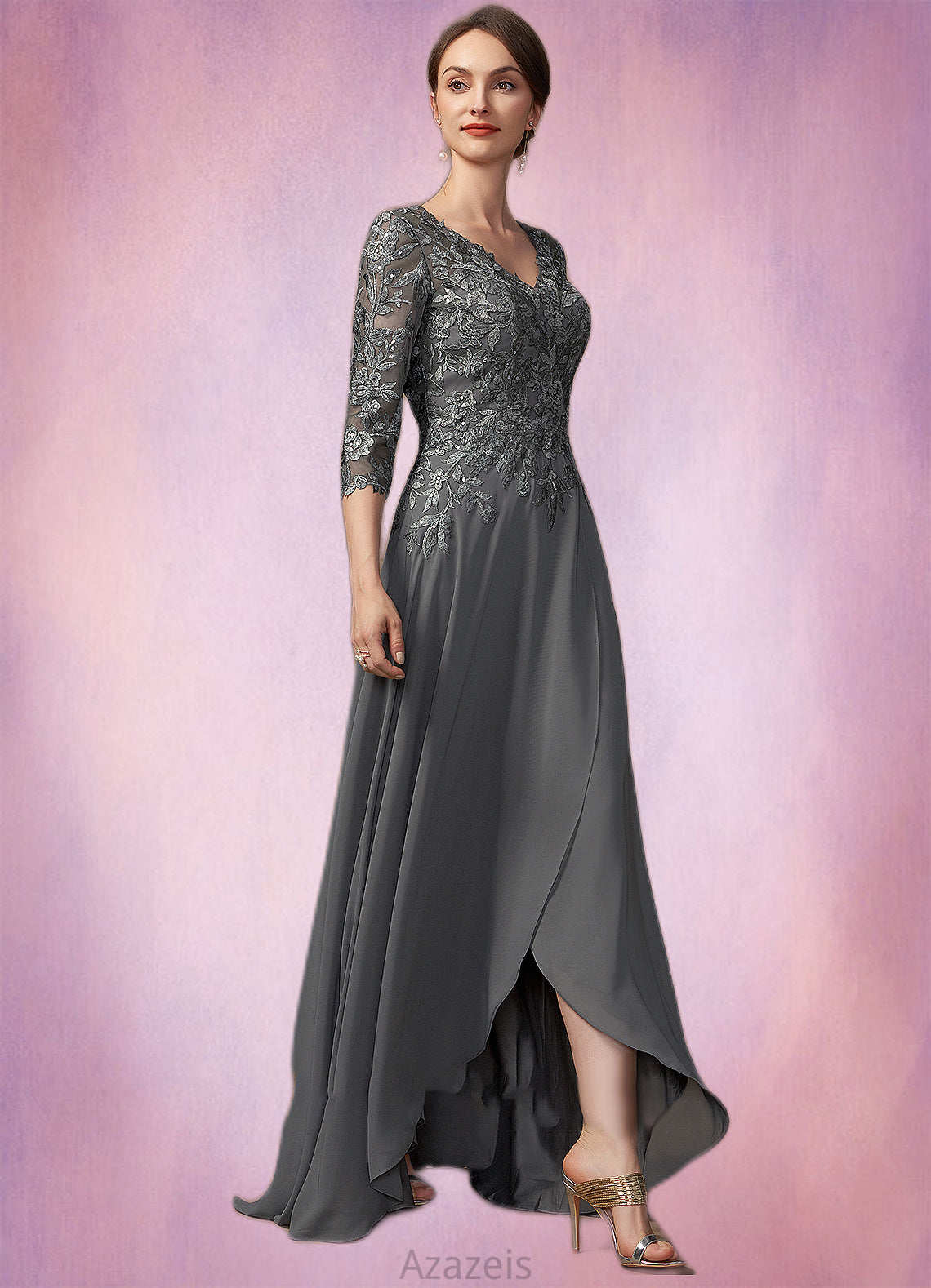 Salome A-Line V-neck Asymmetrical Chiffon Lace Mother of the Bride Dress With Sequins DF126P0014803