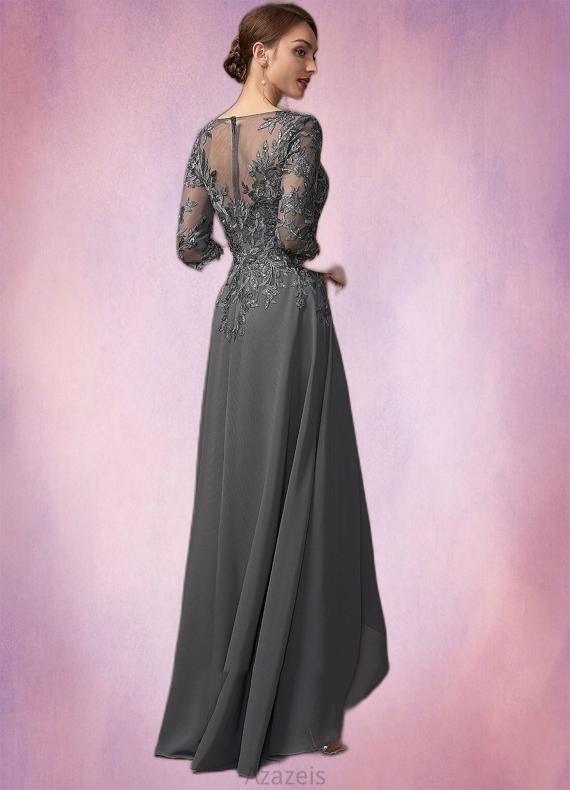 Salome A-Line V-neck Asymmetrical Chiffon Lace Mother of the Bride Dress With Sequins DF126P0014803