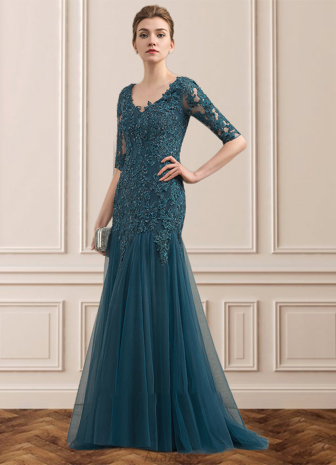 Stella Trumpet/Mermaid V-neck Sweep Train Tulle Lace Mother of the Bride Dress With Beading Sequins DF126P0014804