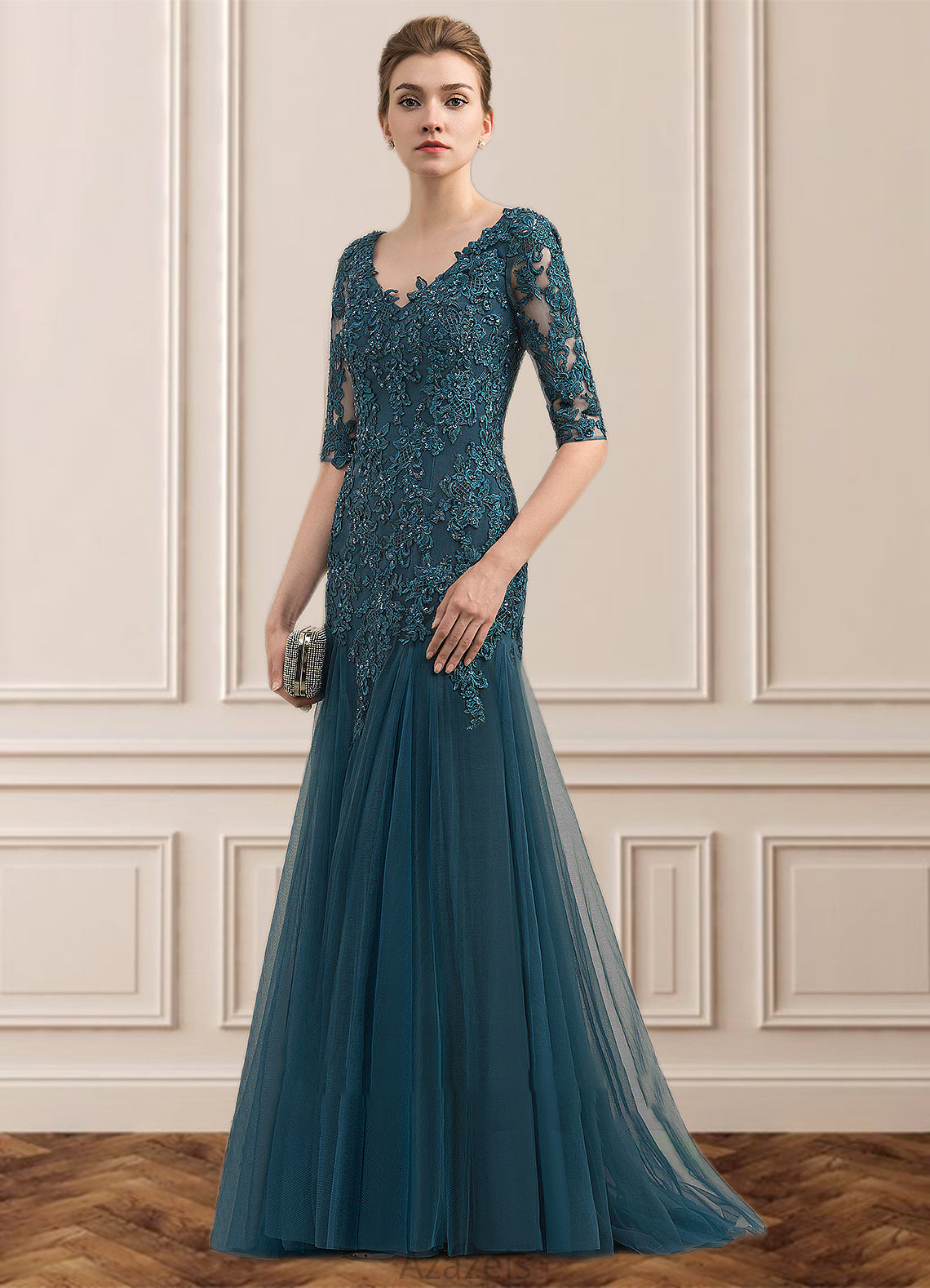 Stella Trumpet/Mermaid V-neck Sweep Train Tulle Lace Mother of the Bride Dress With Beading Sequins DF126P0014804