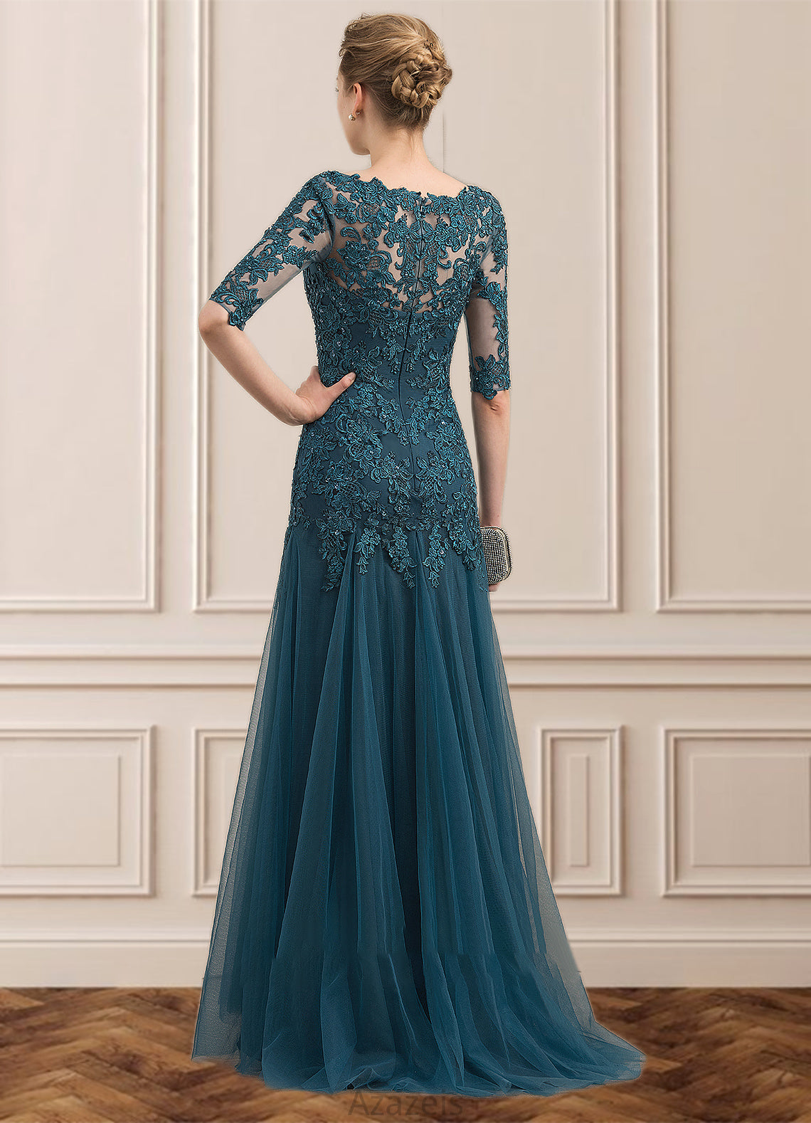 Stella Trumpet/Mermaid V-neck Sweep Train Tulle Lace Mother of the Bride Dress With Beading Sequins DF126P0014804