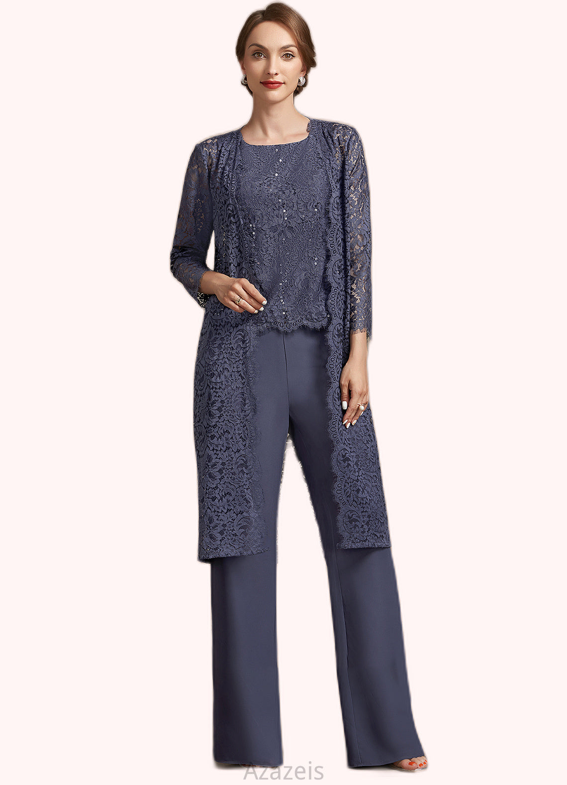 Adelaide Jumpsuit/Pantsuit Scoop Neck Floor-Length Chiffon Lace Mother of the Bride Dress With Sequins DF126P0014805