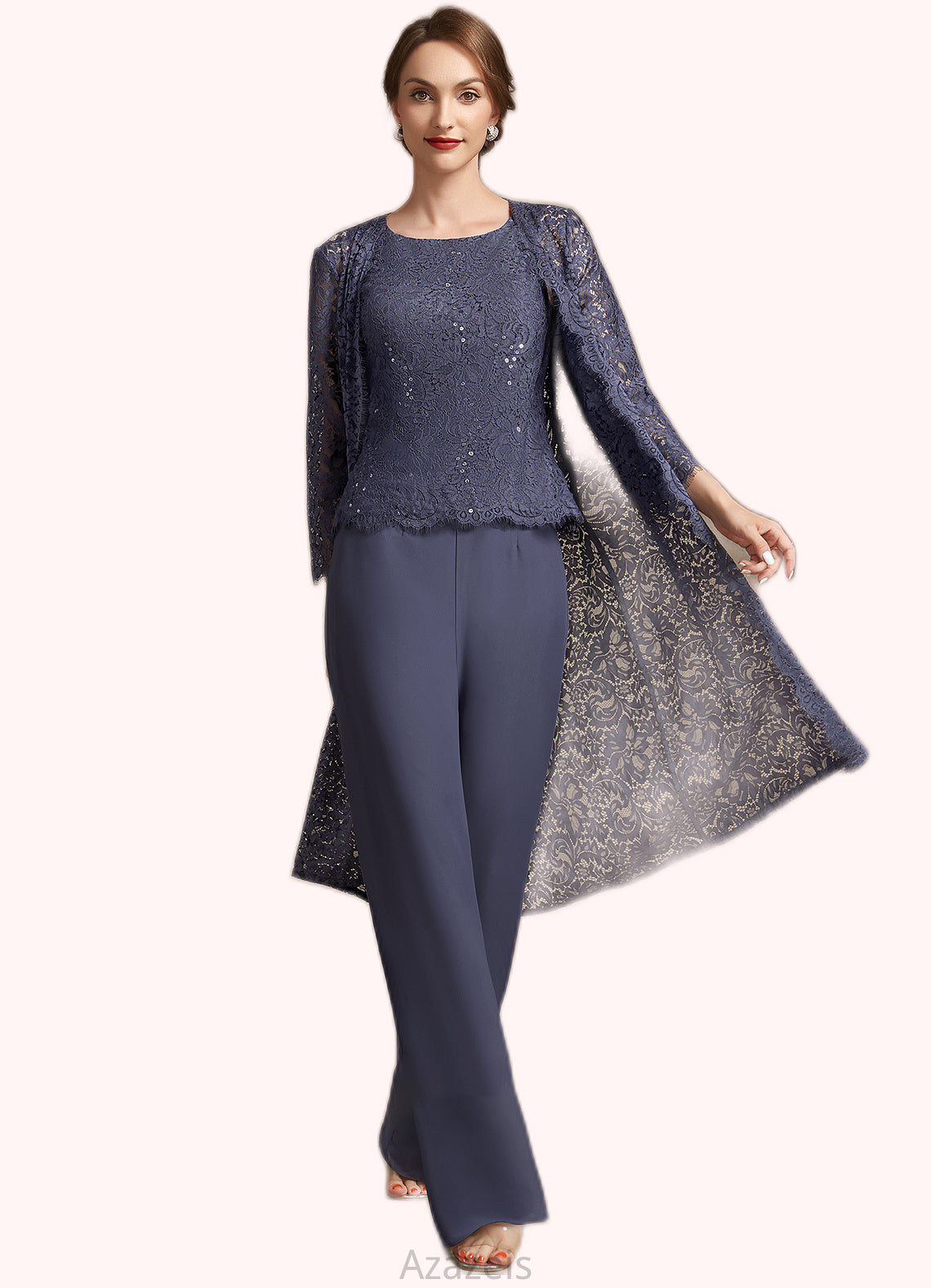 Adelaide Jumpsuit/Pantsuit Scoop Neck Floor-Length Chiffon Lace Mother of the Bride Dress With Sequins DF126P0014805