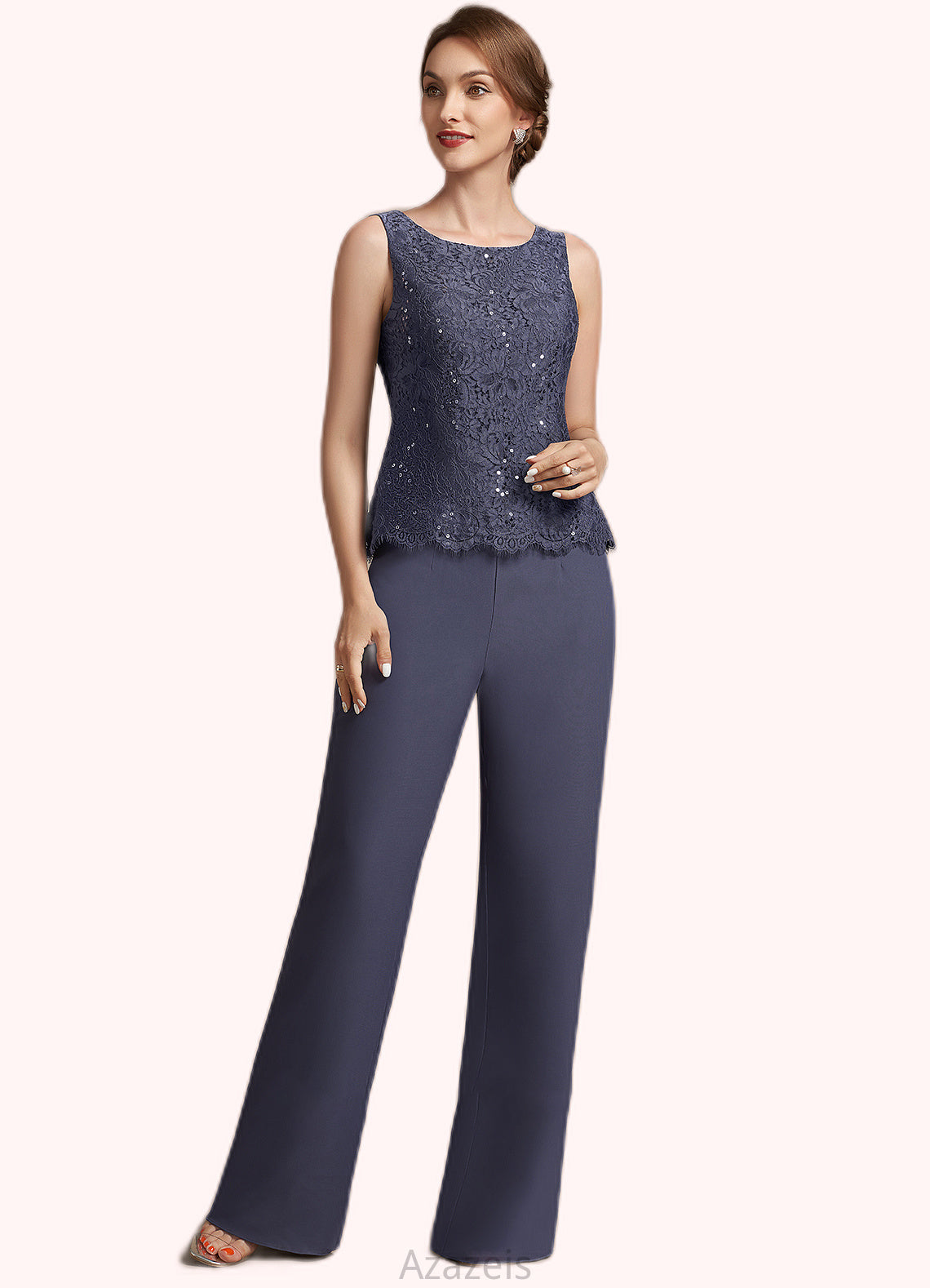 Adelaide Jumpsuit/Pantsuit Scoop Neck Floor-Length Chiffon Lace Mother of the Bride Dress With Sequins DF126P0014805