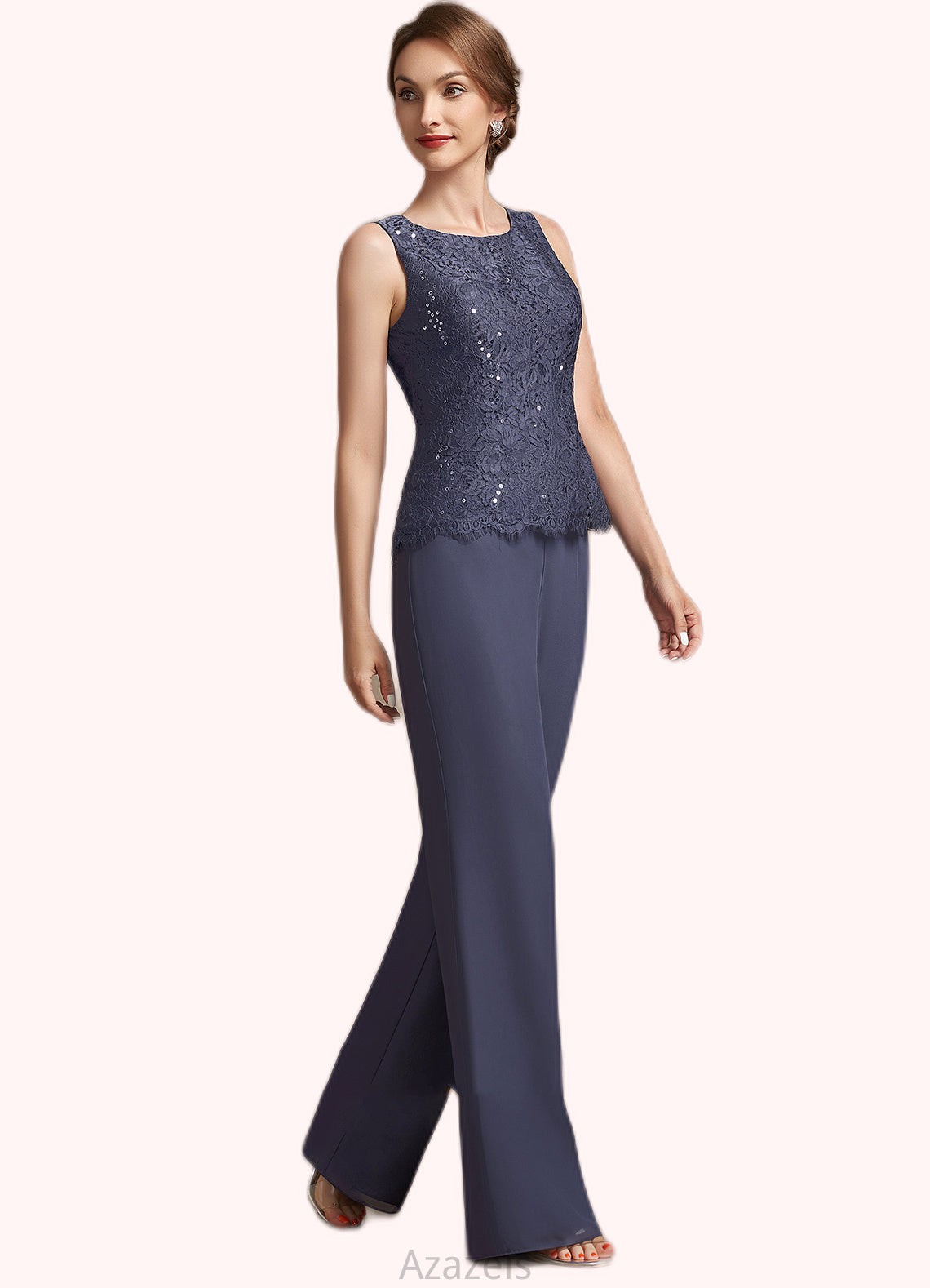 Adelaide Jumpsuit/Pantsuit Scoop Neck Floor-Length Chiffon Lace Mother of the Bride Dress With Sequins DF126P0014805