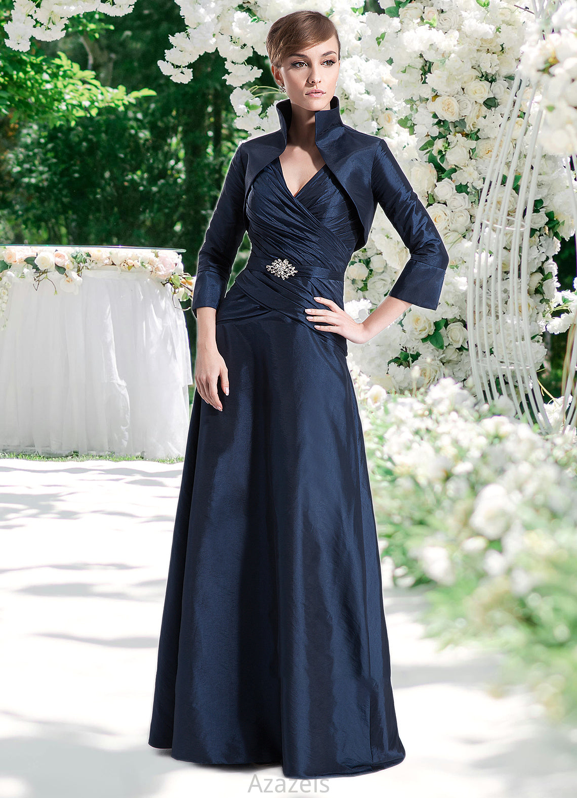 Kassandra A-Line V-neck Floor-Length Taffeta Mother of the Bride Dress With Ruffle Beading DF126P0014807