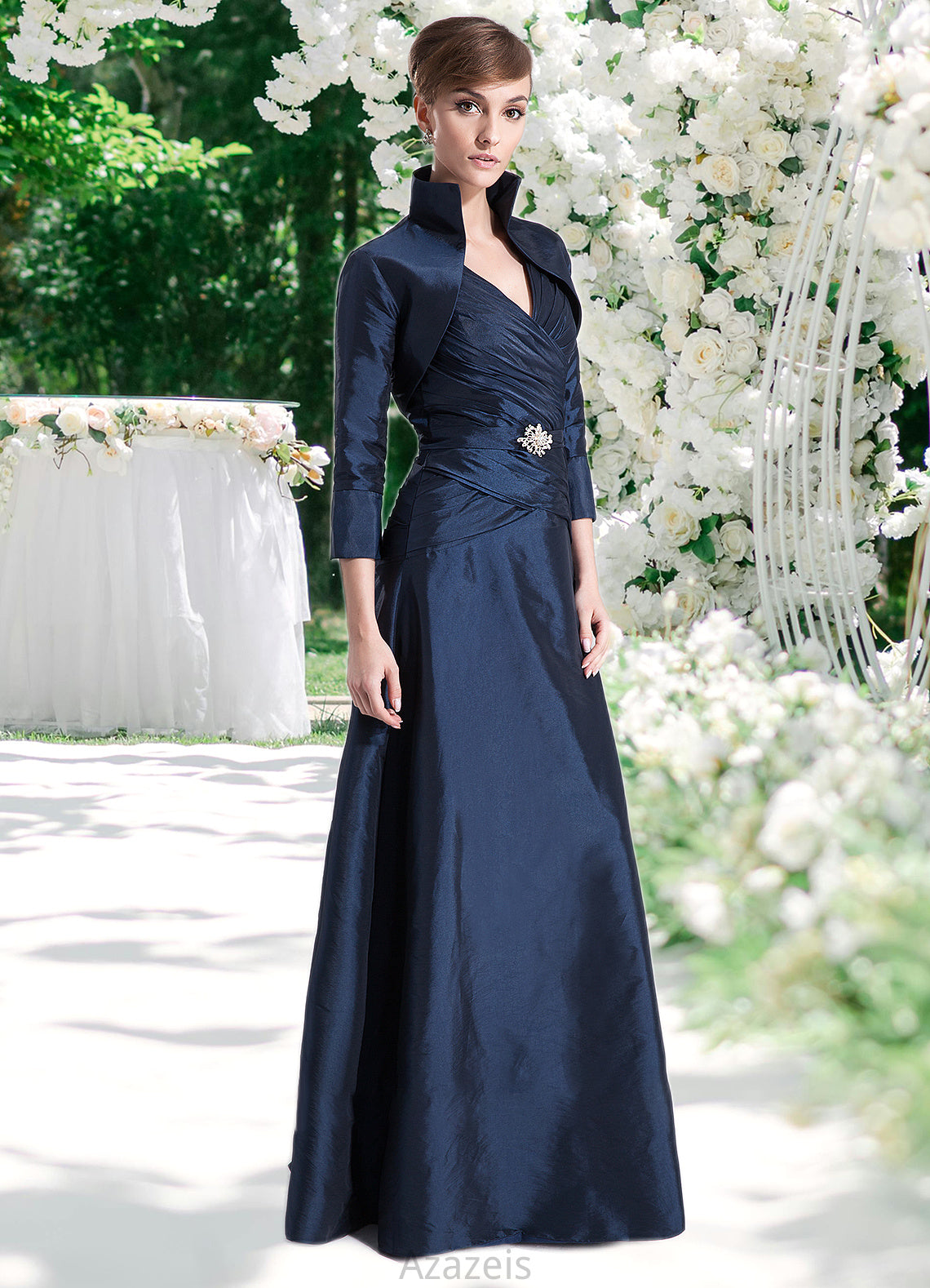 Kassandra A-Line V-neck Floor-Length Taffeta Mother of the Bride Dress With Ruffle Beading DF126P0014807