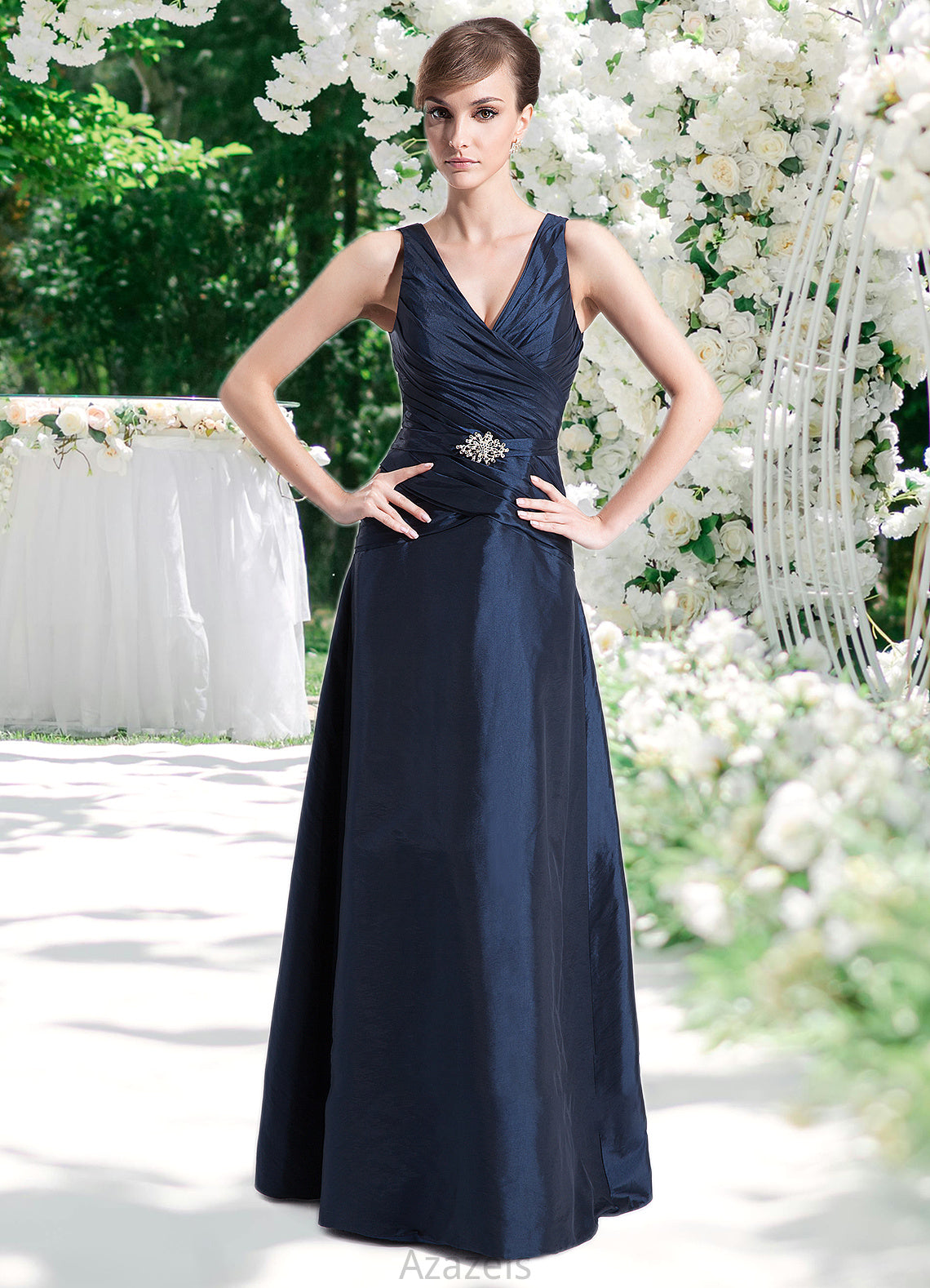 Kassandra A-Line V-neck Floor-Length Taffeta Mother of the Bride Dress With Ruffle Beading DF126P0014807