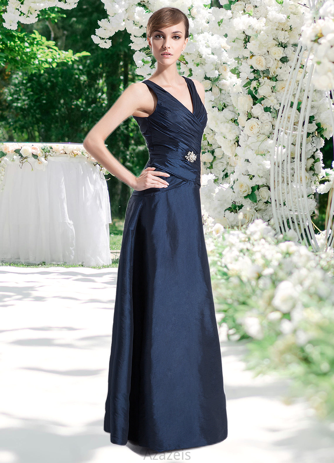 Kassandra A-Line V-neck Floor-Length Taffeta Mother of the Bride Dress With Ruffle Beading DF126P0014807