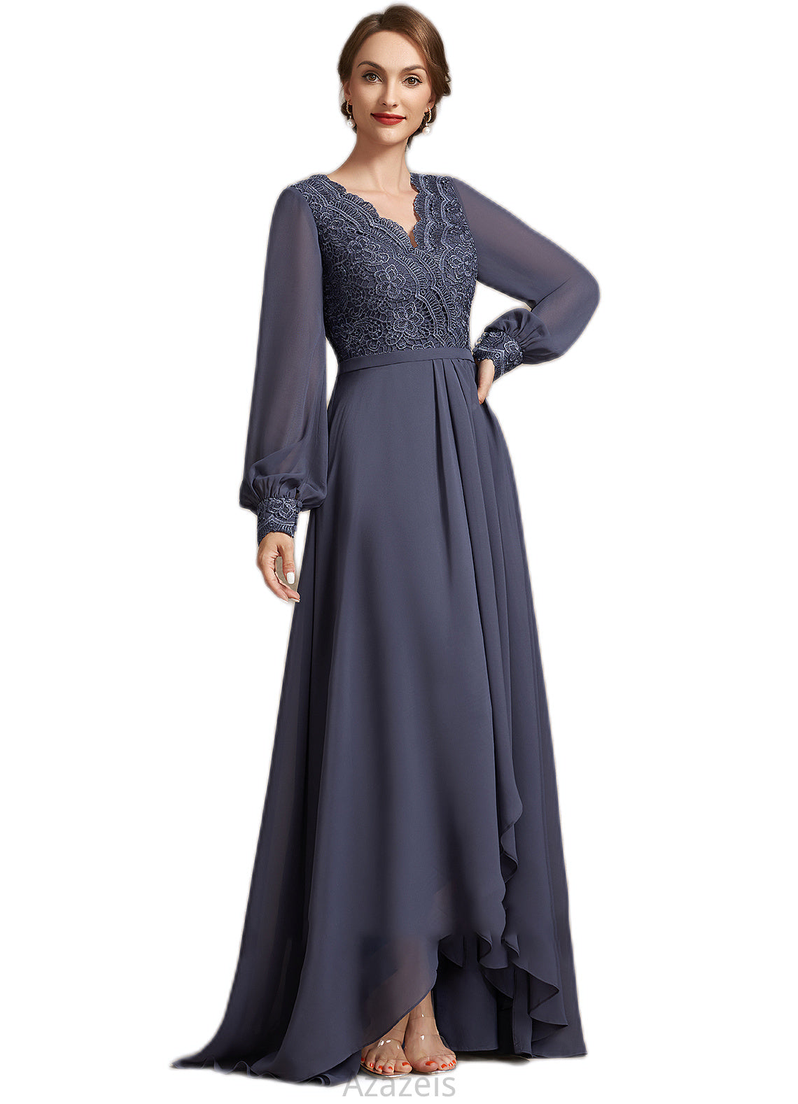 Madyson A-Line V-neck Asymmetrical Chiffon Lace Mother of the Bride Dress DF126P0014809