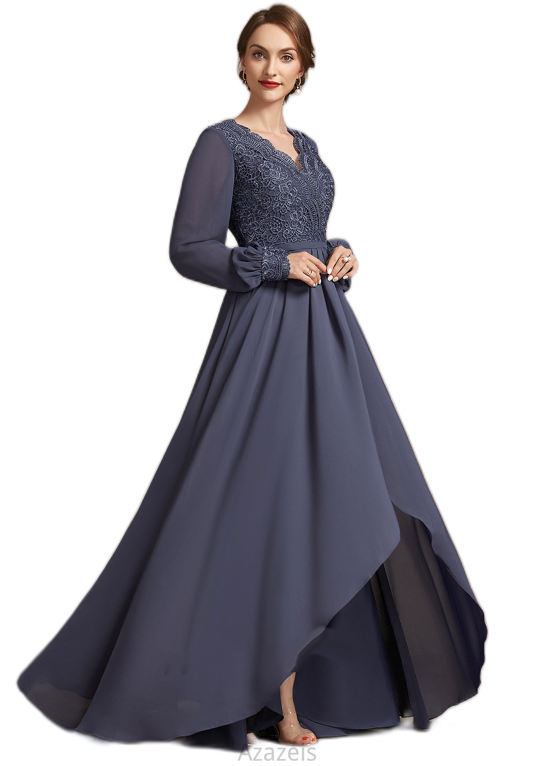 Madyson A-Line V-neck Asymmetrical Chiffon Lace Mother of the Bride Dress DF126P0014809