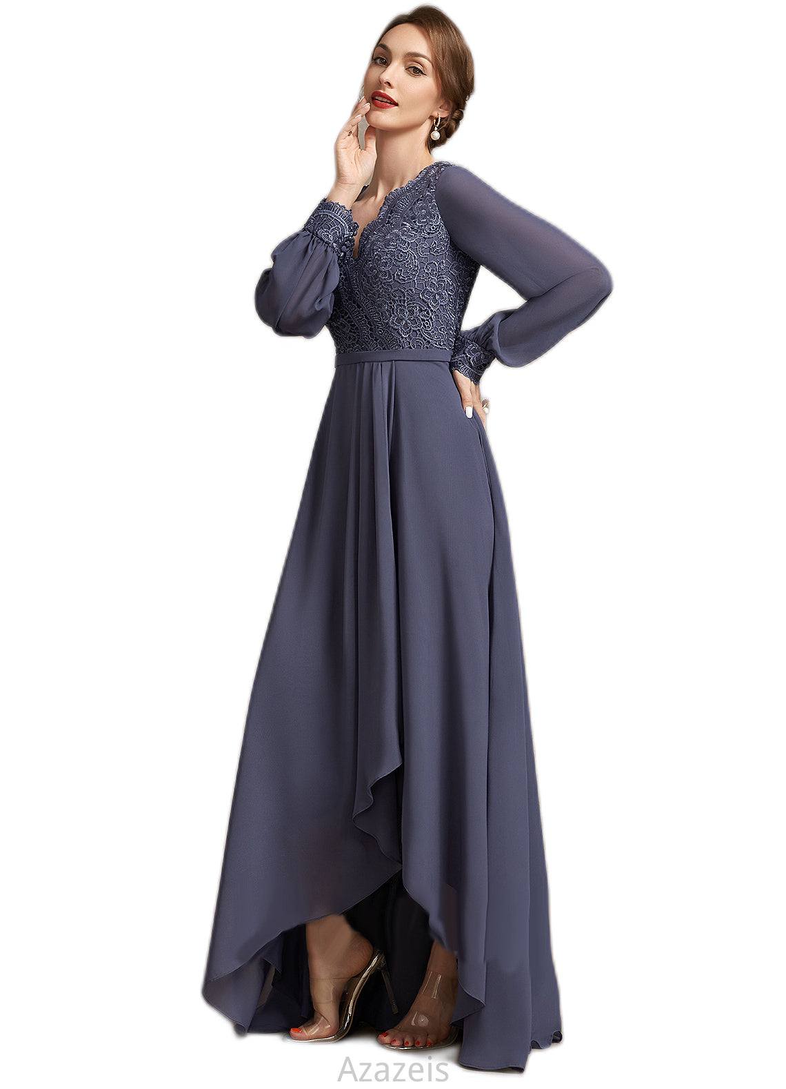 Madyson A-Line V-neck Asymmetrical Chiffon Lace Mother of the Bride Dress DF126P0014809