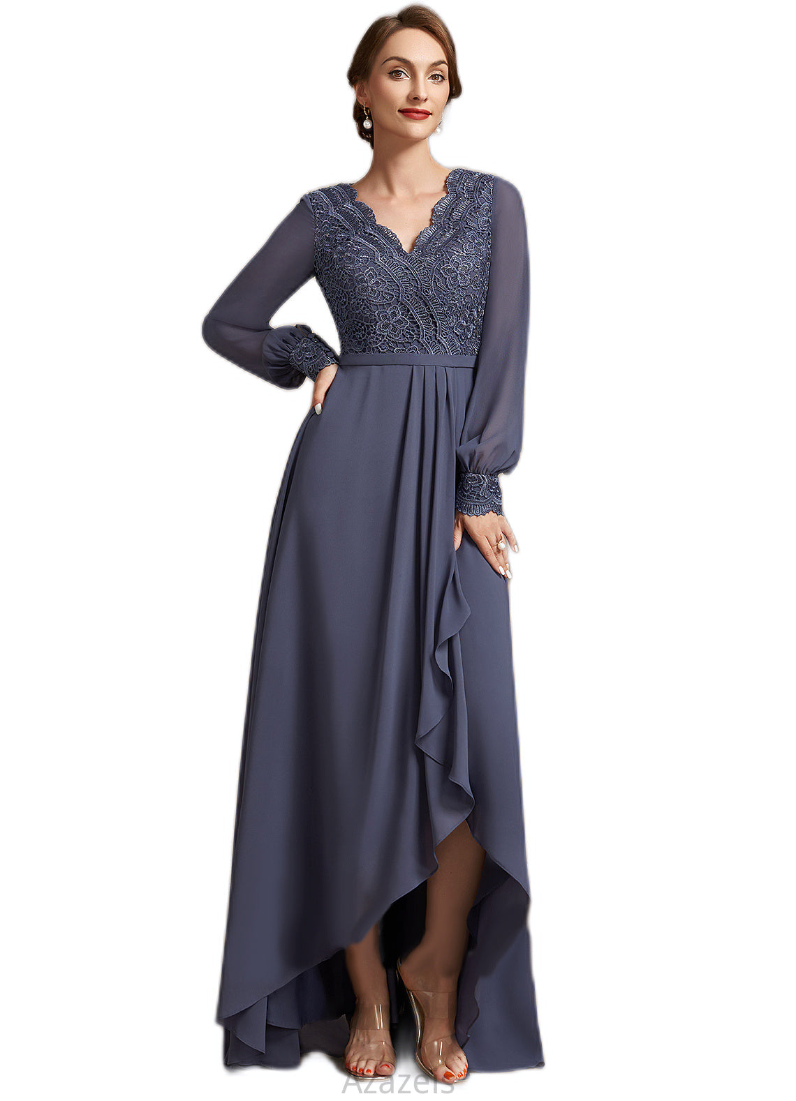 Madyson A-Line V-neck Asymmetrical Chiffon Lace Mother of the Bride Dress DF126P0014809