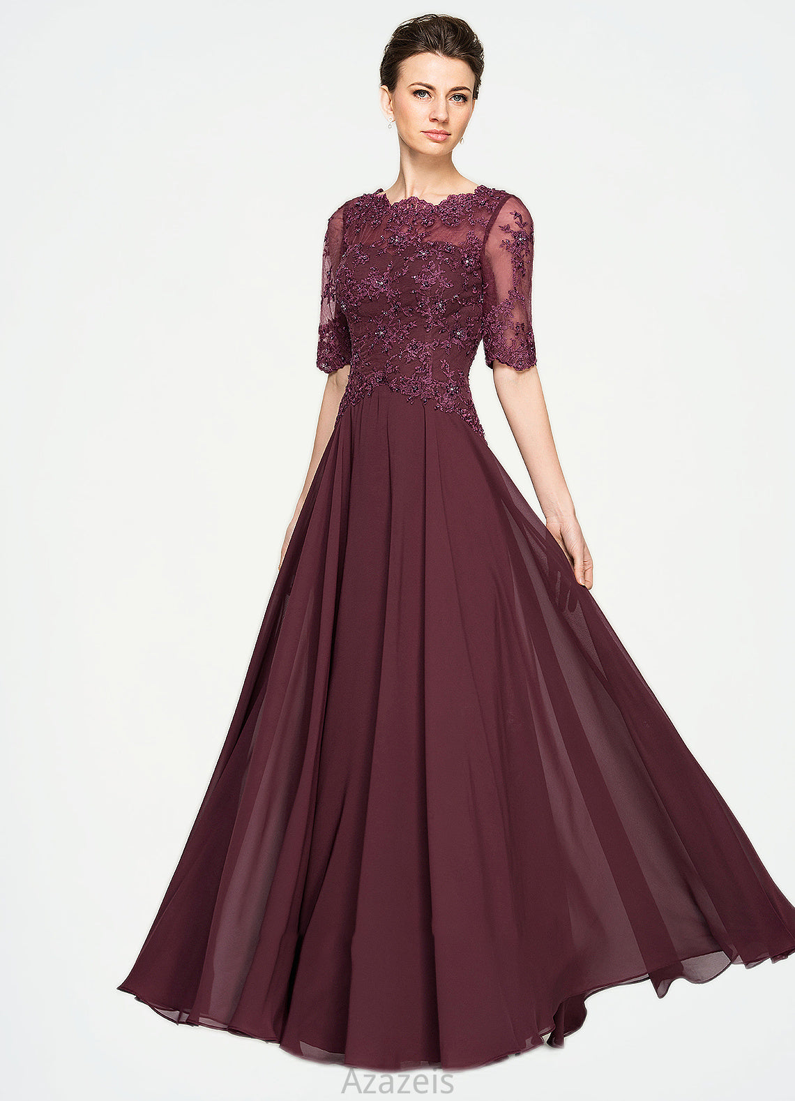 Cheyenne A-Line Scoop Neck Floor-Length Chiffon Lace Mother of the Bride Dress With Beading Sequins DF126P0014810