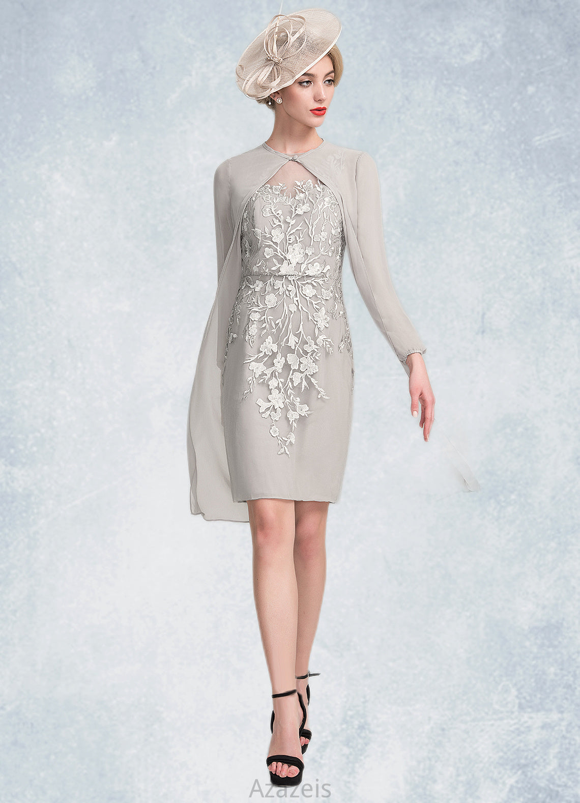 Willow Sheath/Column Scoop Neck Knee-Length Chiffon Lace Mother of the Bride Dress With Beading Sequins DF126P0014811