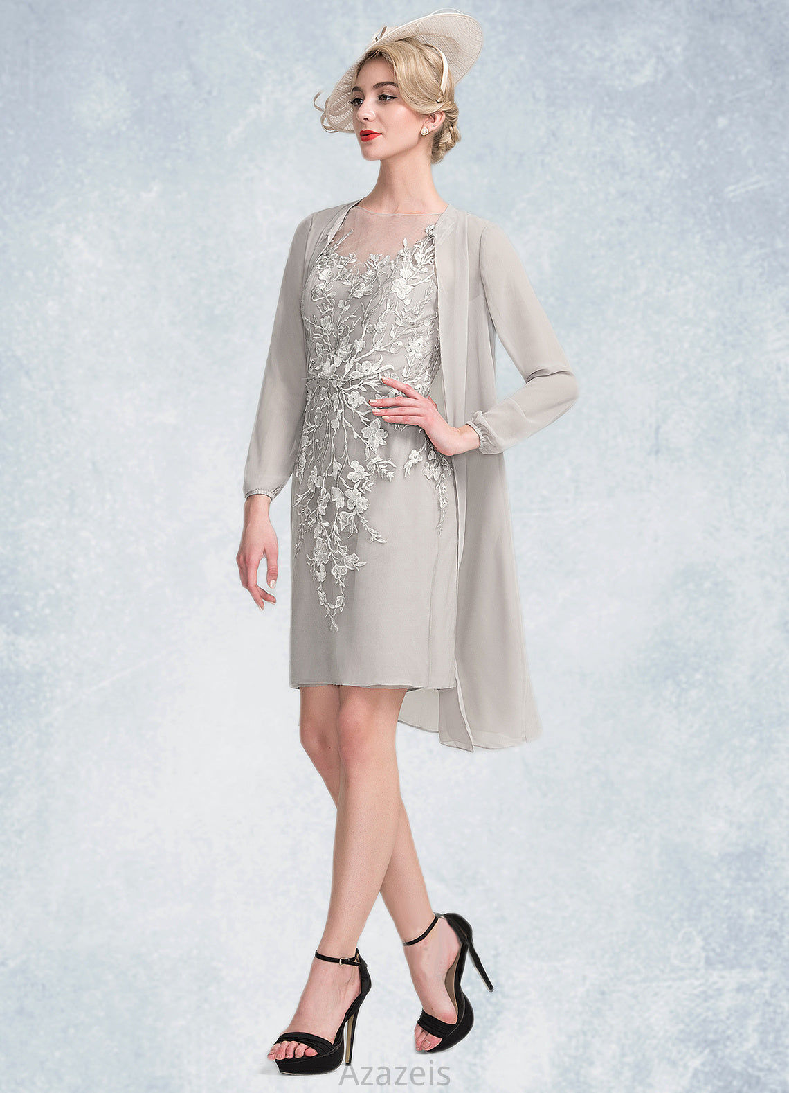 Willow Sheath/Column Scoop Neck Knee-Length Chiffon Lace Mother of the Bride Dress With Beading Sequins DF126P0014811