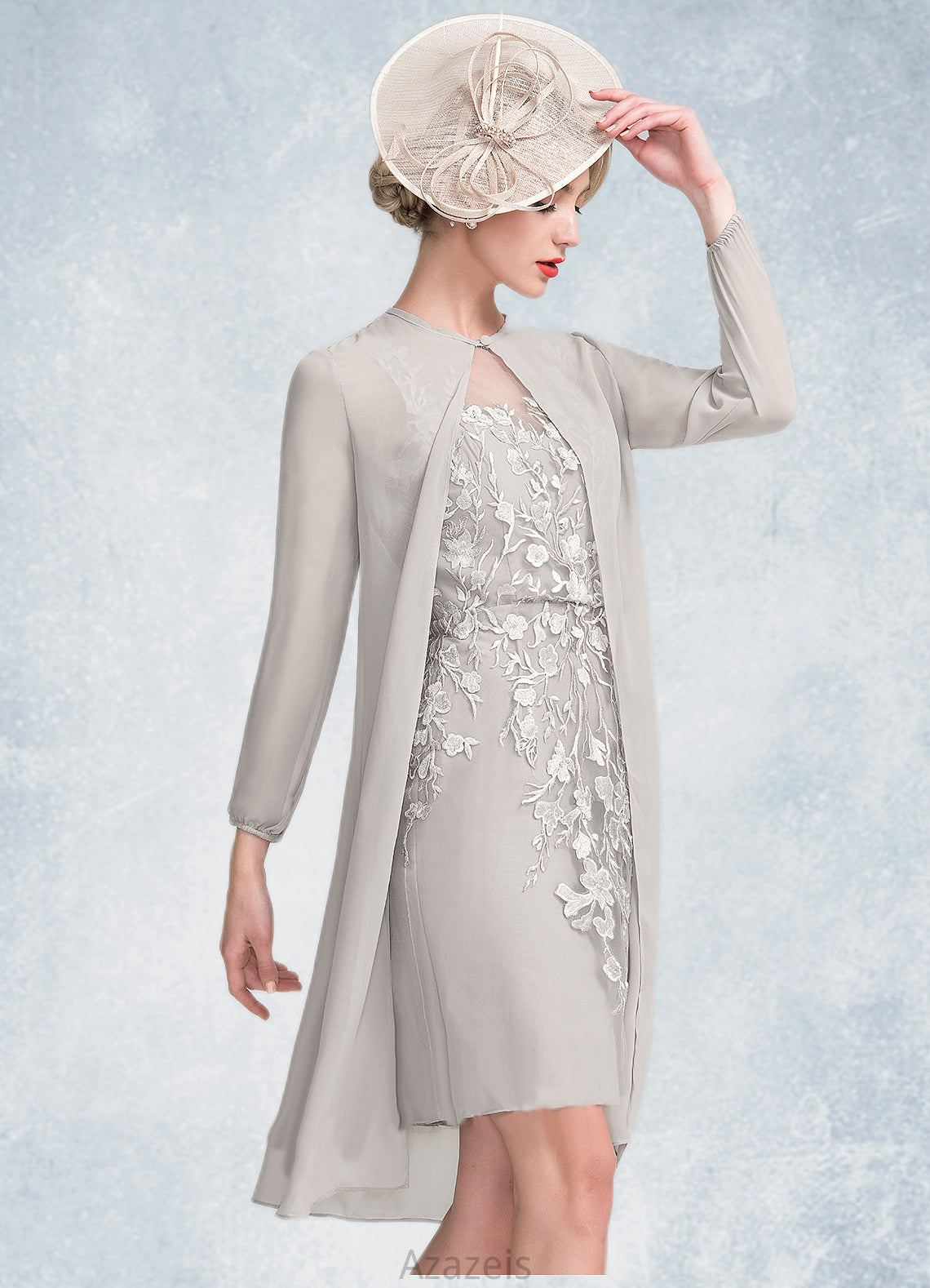 Willow Sheath/Column Scoop Neck Knee-Length Chiffon Lace Mother of the Bride Dress With Beading Sequins DF126P0014811