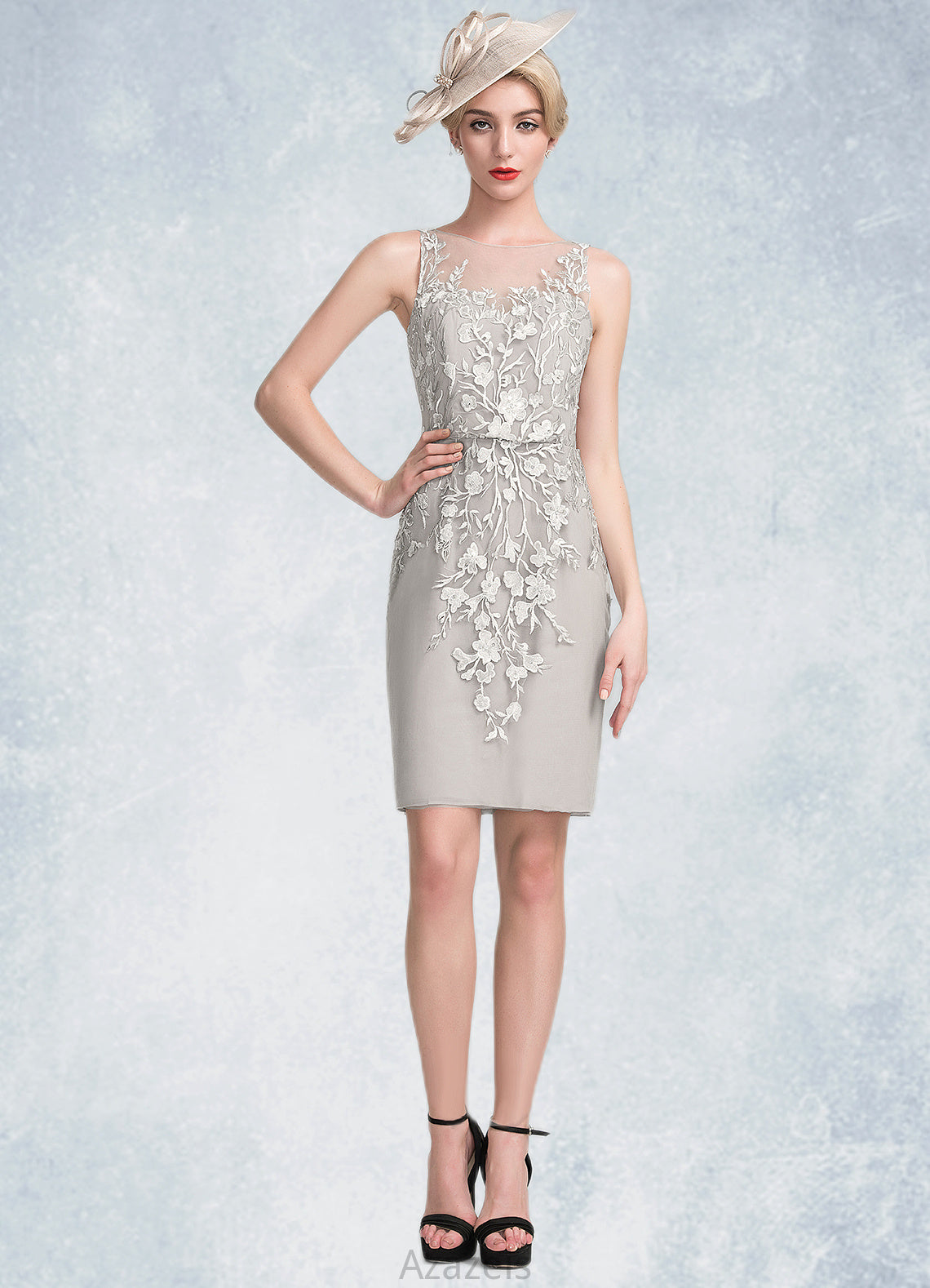 Willow Sheath/Column Scoop Neck Knee-Length Chiffon Lace Mother of the Bride Dress With Beading Sequins DF126P0014811