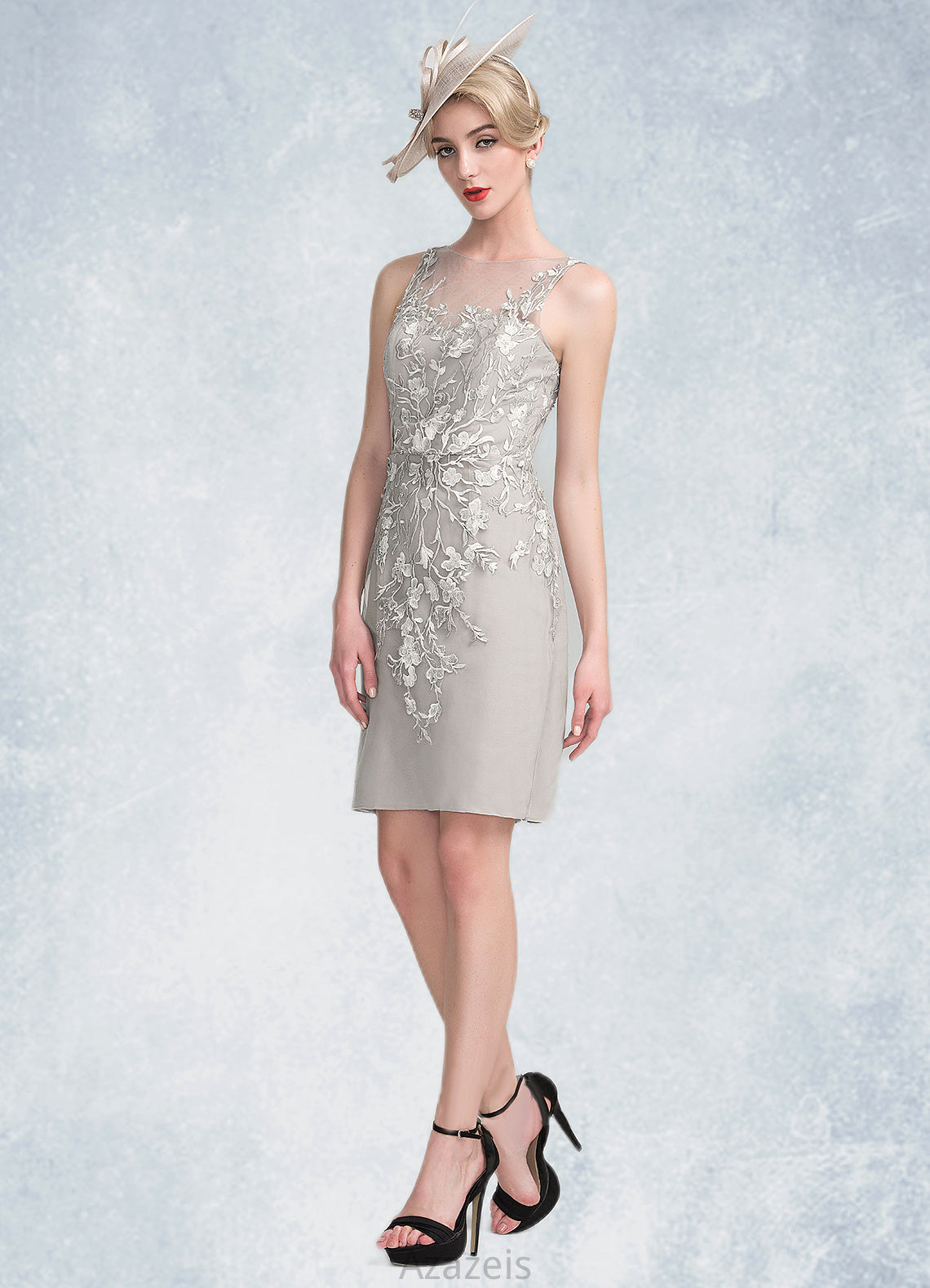 Willow Sheath/Column Scoop Neck Knee-Length Chiffon Lace Mother of the Bride Dress With Beading Sequins DF126P0014811