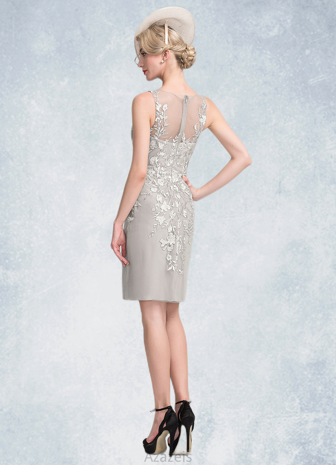 Willow Sheath/Column Scoop Neck Knee-Length Chiffon Lace Mother of the Bride Dress With Beading Sequins DF126P0014811