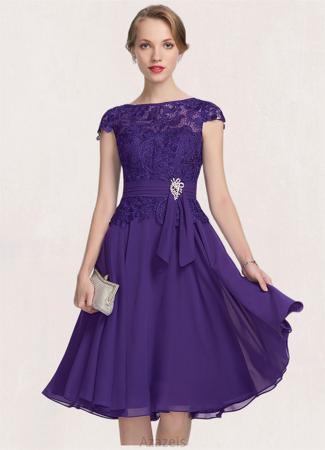 Finley A-Line Scoop Neck Knee-Length Chiffon Lace Mother of the Bride Dress With Beading DF126P0014814