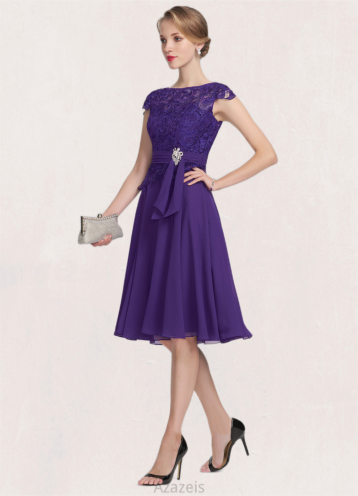 Finley A-Line Scoop Neck Knee-Length Chiffon Lace Mother of the Bride Dress With Beading DF126P0014814