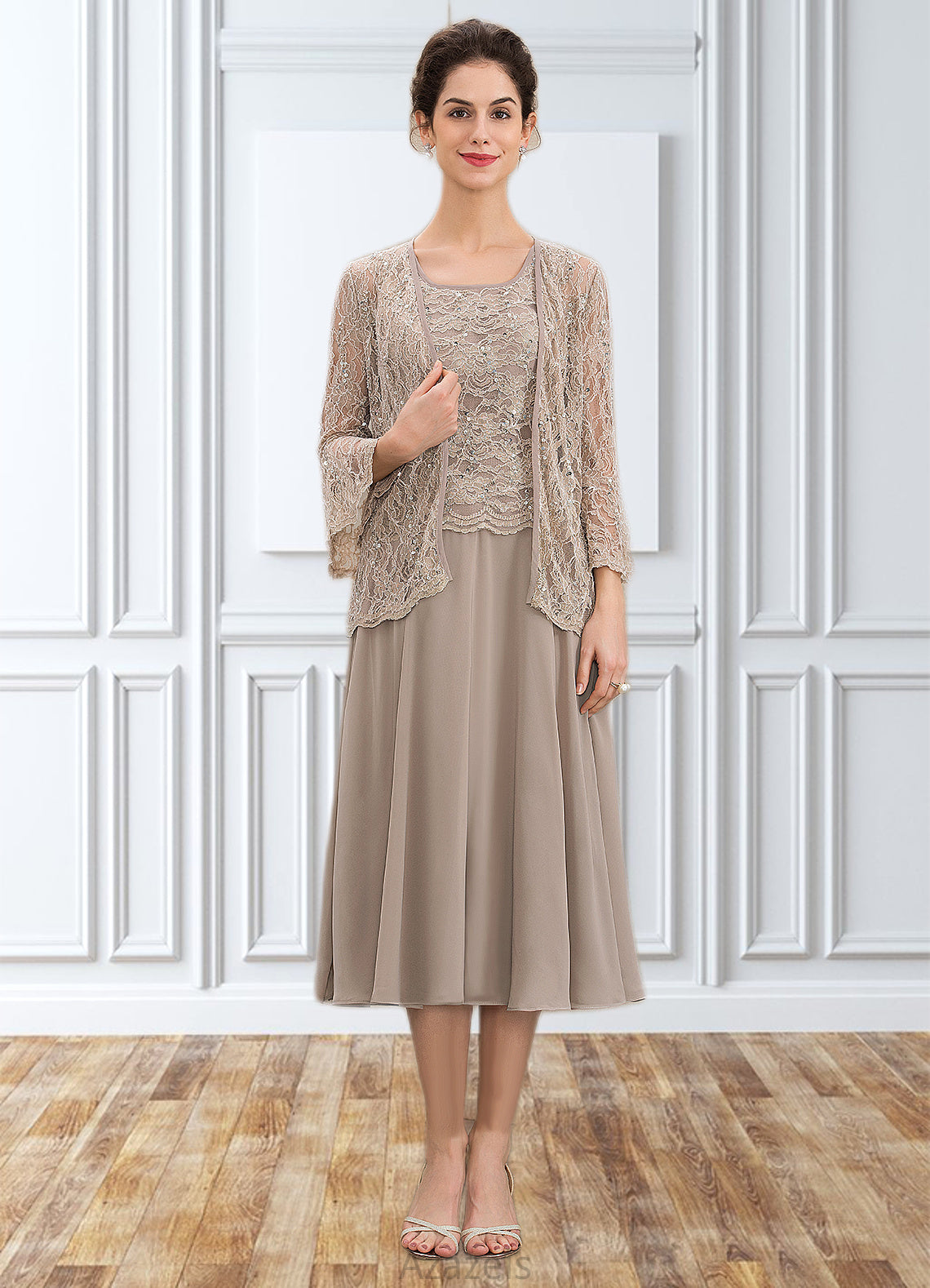 Sherlyn A-Line Scoop Neck Tea-Length Chiffon Lace Mother of the Bride Dress With Sequins DF126P0014816