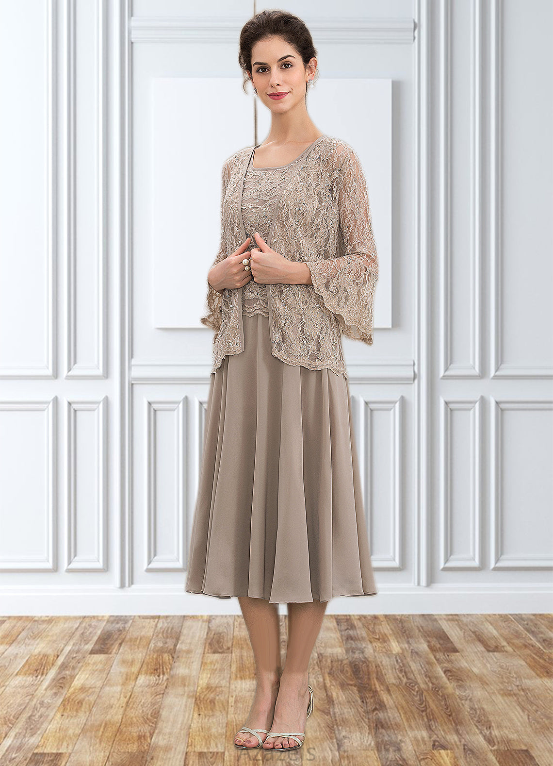 Sherlyn A-Line Scoop Neck Tea-Length Chiffon Lace Mother of the Bride Dress With Sequins DF126P0014816