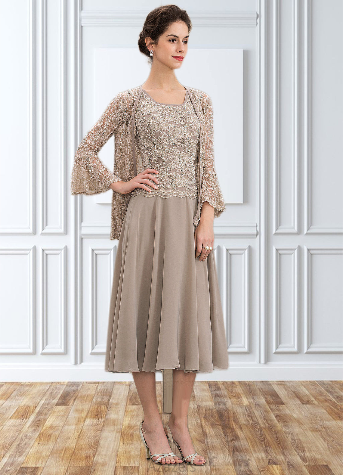 Sherlyn A-Line Scoop Neck Tea-Length Chiffon Lace Mother of the Bride Dress With Sequins DF126P0014816