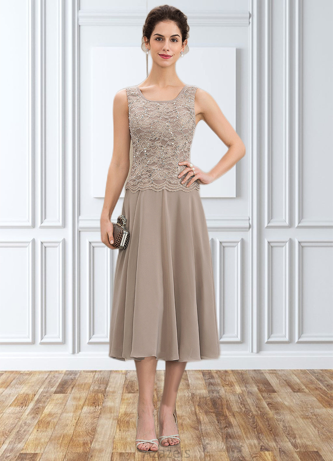 Sherlyn A-Line Scoop Neck Tea-Length Chiffon Lace Mother of the Bride Dress With Sequins DF126P0014816