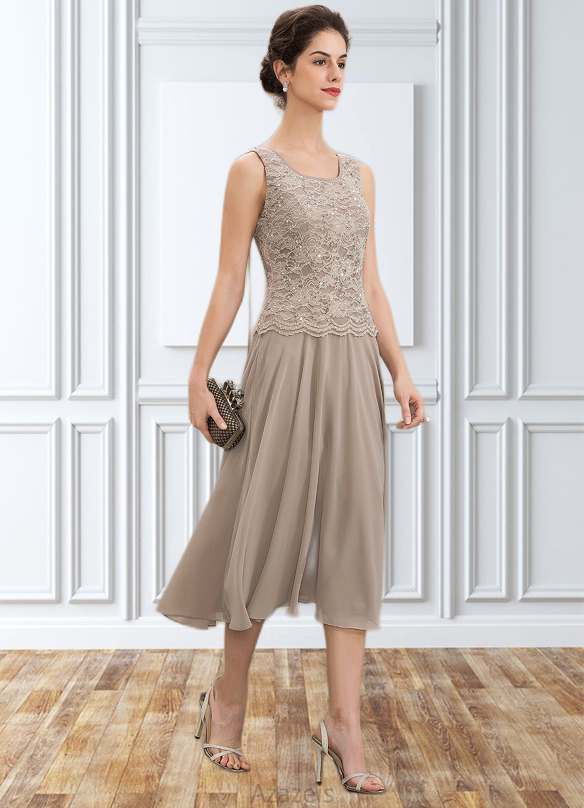 Sherlyn A-Line Scoop Neck Tea-Length Chiffon Lace Mother of the Bride Dress With Sequins DF126P0014816