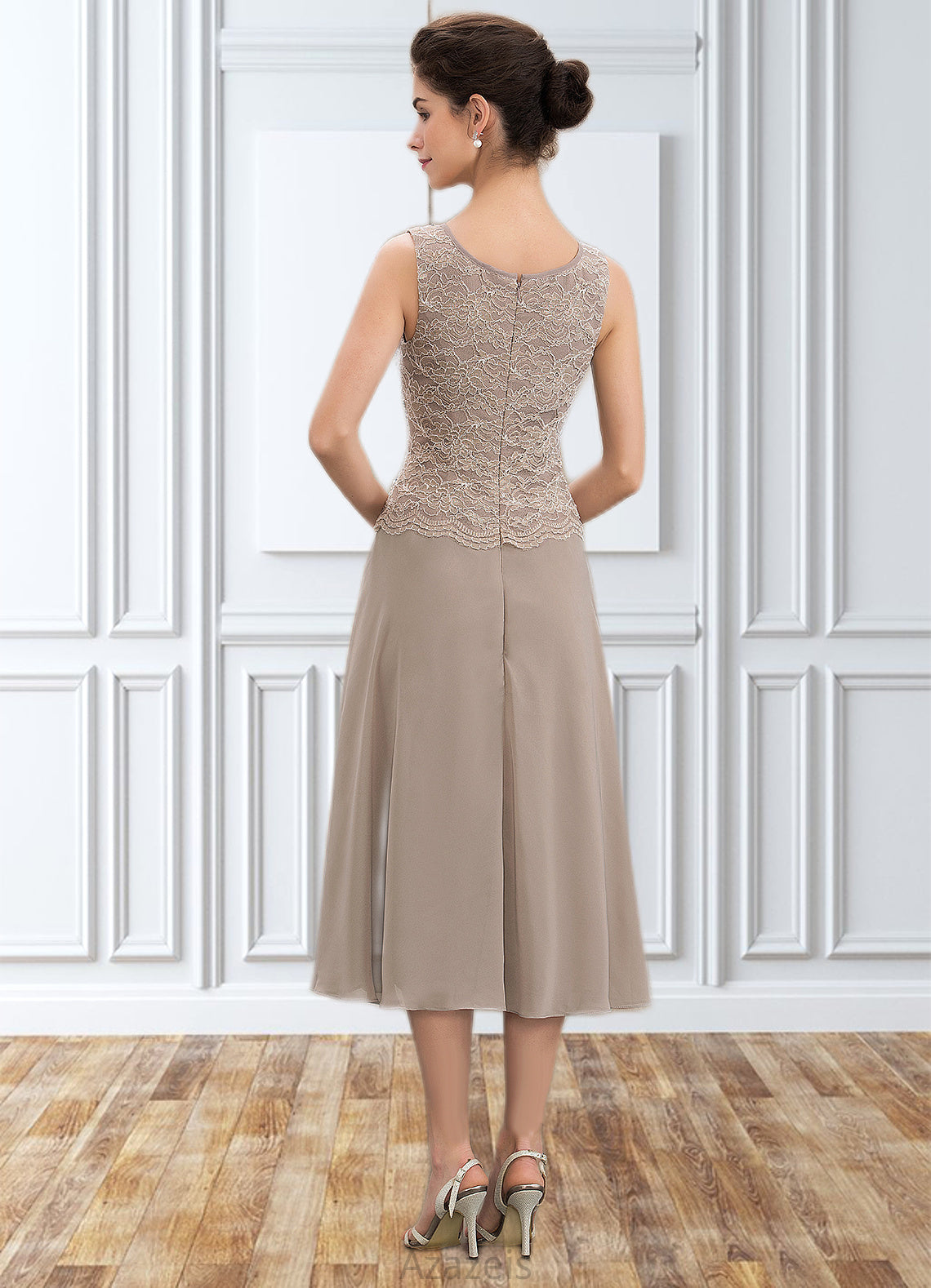 Sherlyn A-Line Scoop Neck Tea-Length Chiffon Lace Mother of the Bride Dress With Sequins DF126P0014816