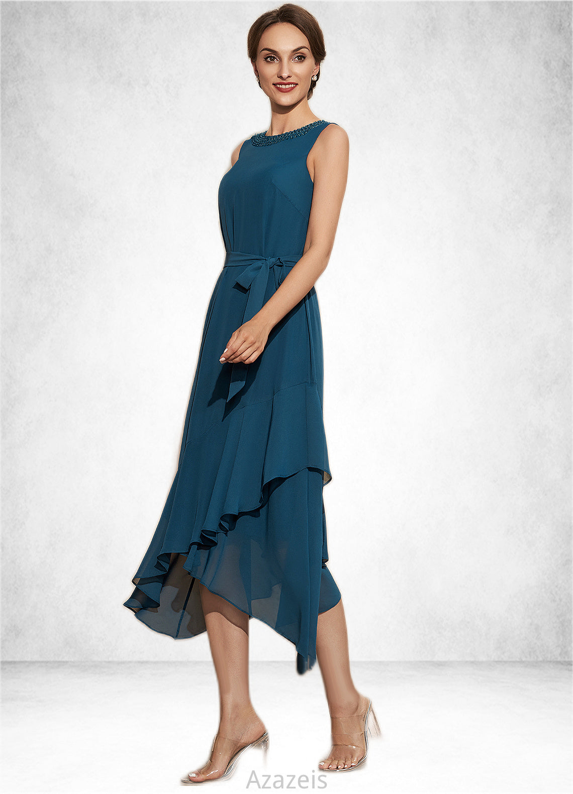 Nina A-Line Scoop Neck Asymmetrical Chiffon Mother of the Bride Dress With Beading Cascading Ruffles DF126P0014817