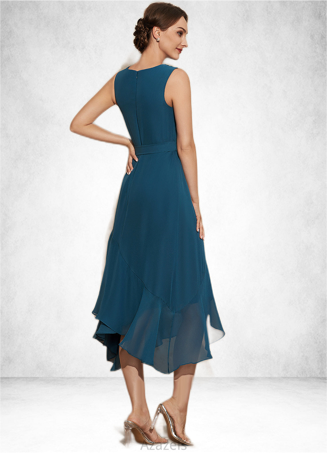 Nina A-Line Scoop Neck Asymmetrical Chiffon Mother of the Bride Dress With Beading Cascading Ruffles DF126P0014817