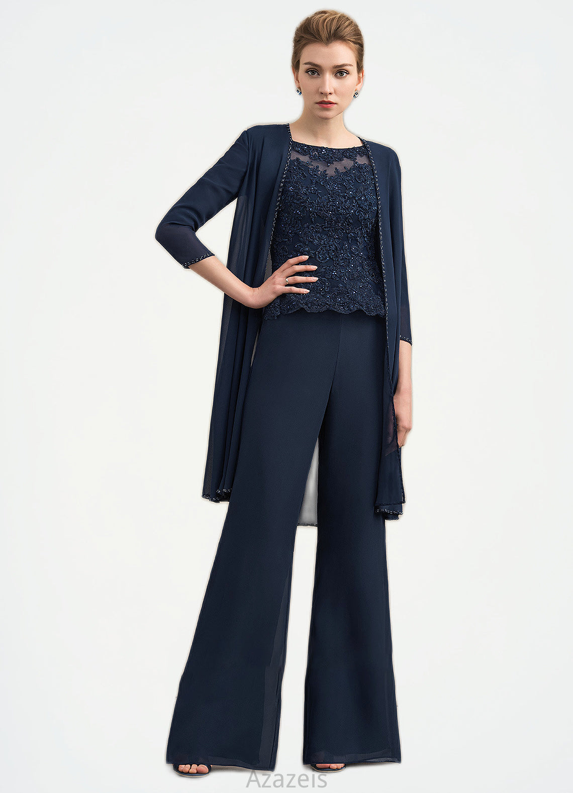 Alexis Jumpsuit/Pantsuit Scoop Neck Floor-Length Chiffon Lace Mother of the Bride Dress With Beading DF126P0014836