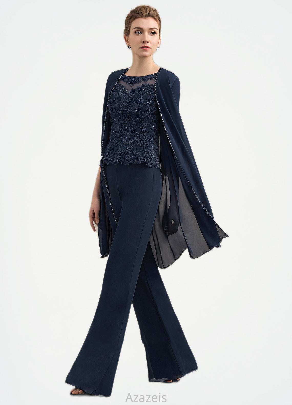 Alexis Jumpsuit/Pantsuit Scoop Neck Floor-Length Chiffon Lace Mother of the Bride Dress With Beading DF126P0014836