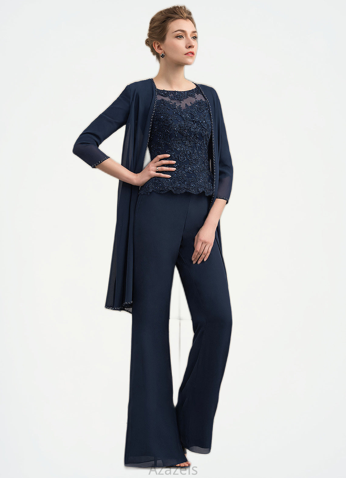 Alexis Jumpsuit/Pantsuit Scoop Neck Floor-Length Chiffon Lace Mother of the Bride Dress With Beading DF126P0014836