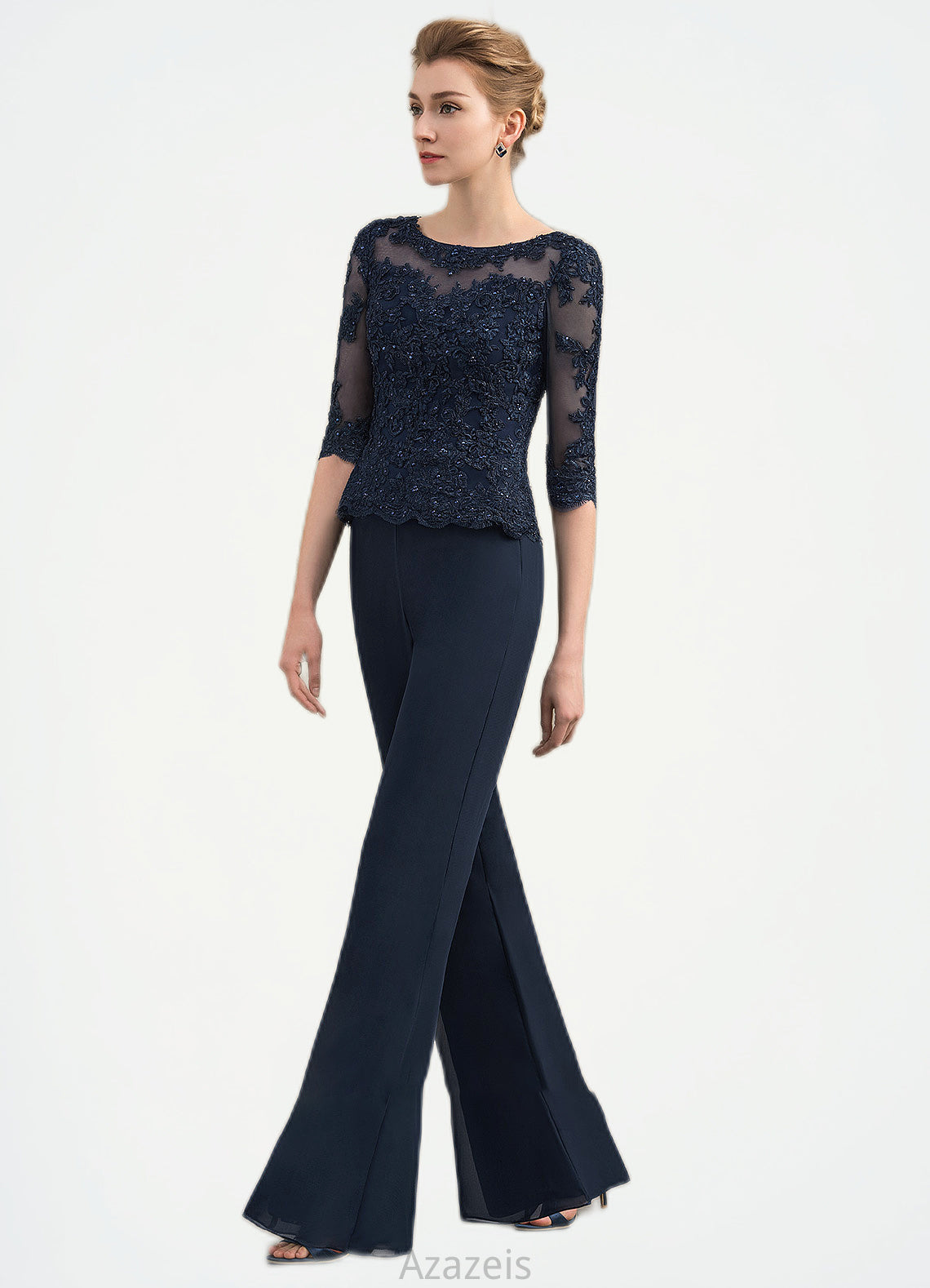 Alexis Jumpsuit/Pantsuit Scoop Neck Floor-Length Chiffon Lace Mother of the Bride Dress With Beading DF126P0014836