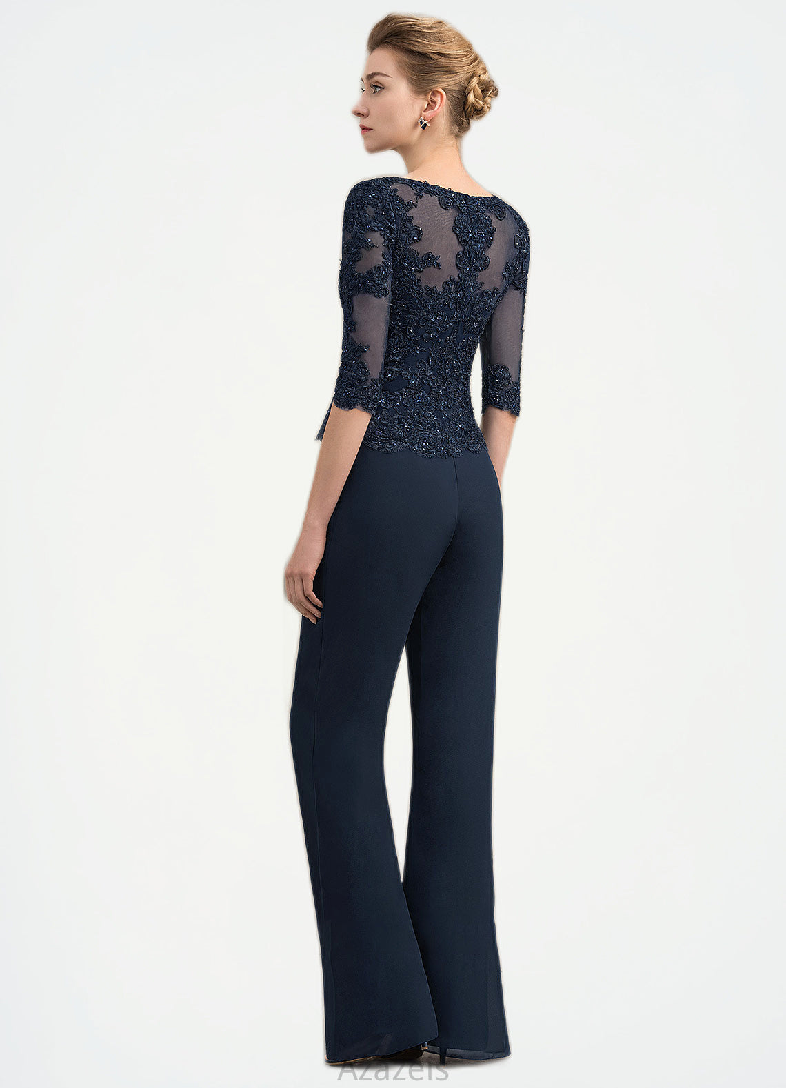 Alexis Jumpsuit/Pantsuit Scoop Neck Floor-Length Chiffon Lace Mother of the Bride Dress With Beading DF126P0014836