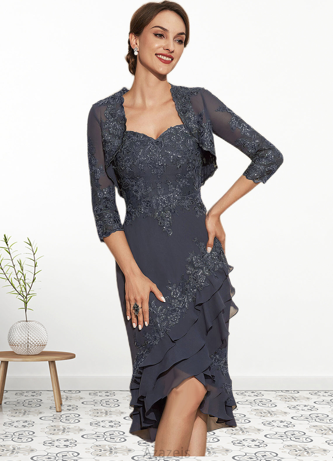 Willow Sheath/Column Sweetheart Asymmetrical Chiffon Lace Mother of the Bride Dress With Sequins Cascading Ruffles DF126P0014837