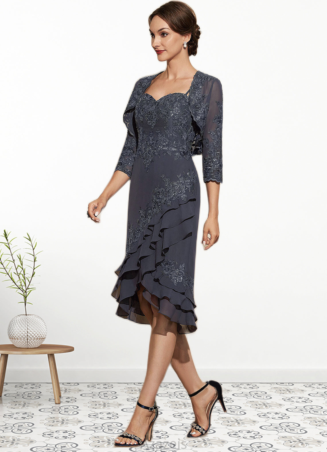 Willow Sheath/Column Sweetheart Asymmetrical Chiffon Lace Mother of the Bride Dress With Sequins Cascading Ruffles DF126P0014837