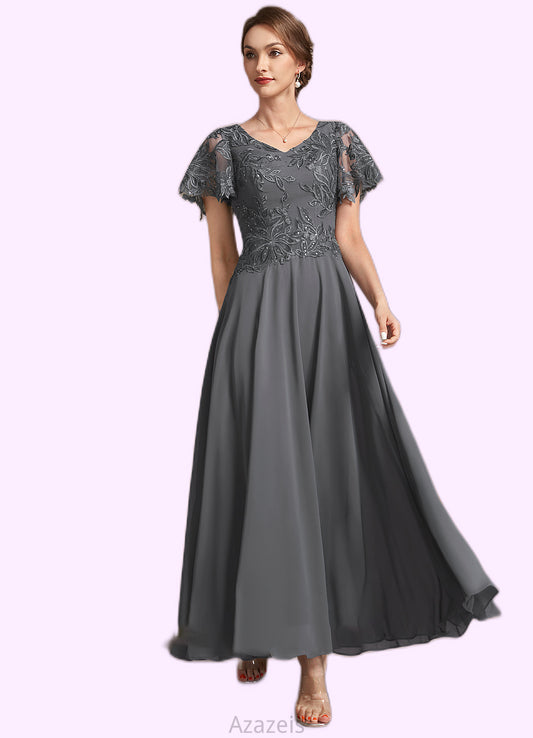 Quinn A-Line V-neck Ankle-Length Chiffon Lace Mother of the Bride Dress With Sequins DF126P0014838