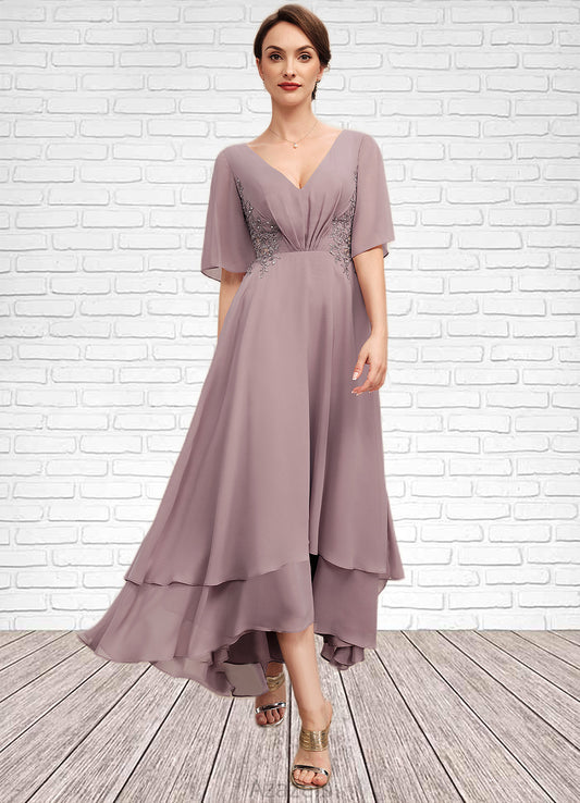 Genesis A-Line V-neck Asymmetrical Chiffon Mother of the Bride Dress With Ruffle Lace Beading DF126P0014839